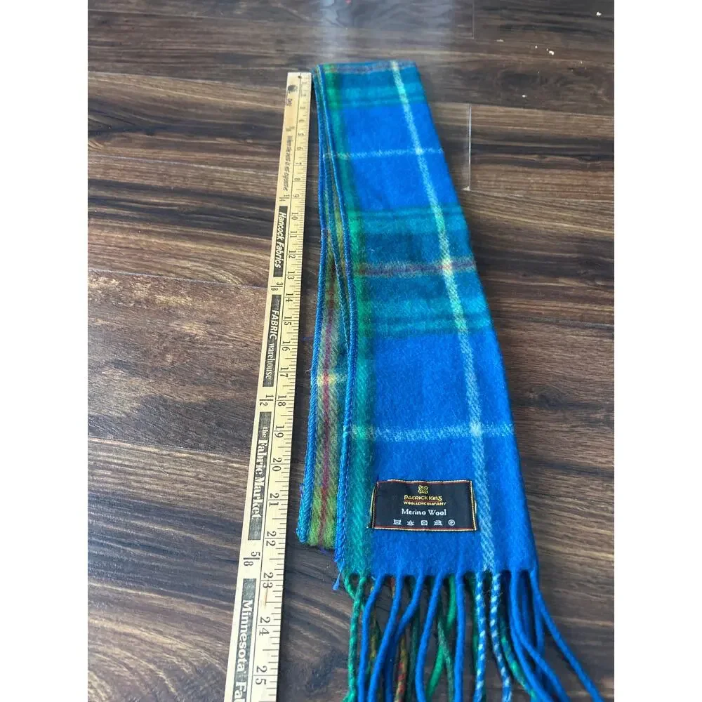 Patrick Kins Merino Wool Scarf Blue Plaid Fringe Buttons Pocket Tartan Scottish